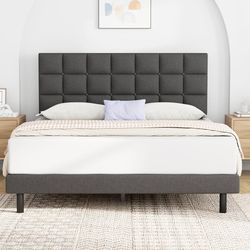   Full Size Upholstered Panel Bed with Adjustable Headboard, Full Bed Frame for Box Spring, Easy Assembly, Grey Fabric  Size Full Material Me