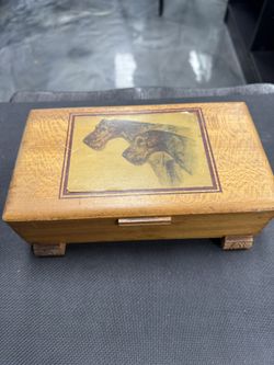 Vintage Wooden Keepsake Box w/ Hunting Dog Print – Art Deco Style