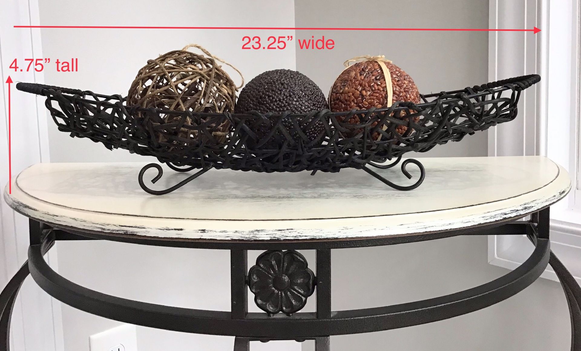 Black/Dark Espresso Metal & Rattan Large Oblong Basket with Feet & 3 Decorative Balls