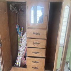 Antique Style Wooden Armoire Wardrobe w/ Mirror Doors & Drawers