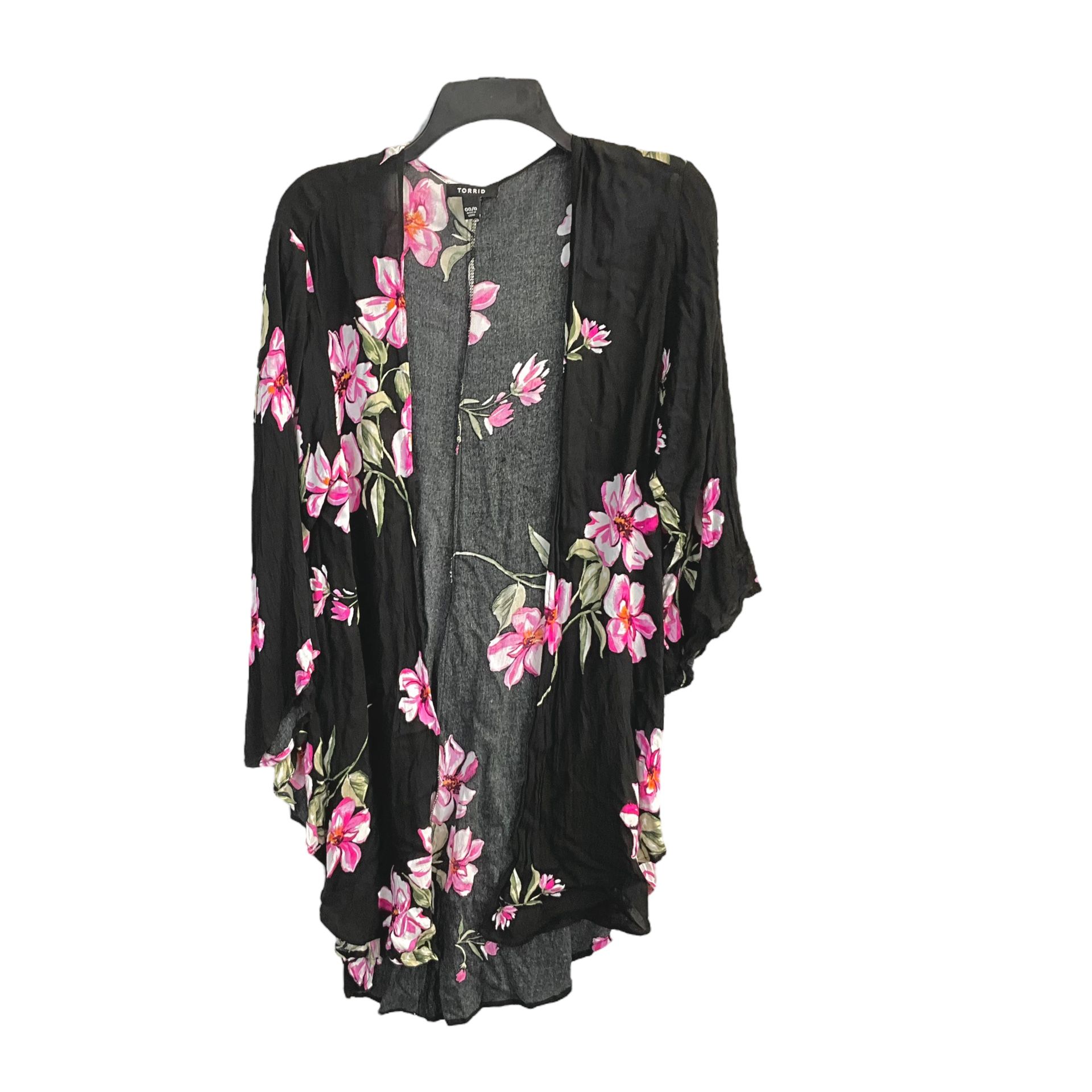 Torrid Black Pink Green Floral Long Open Duster Cardigan Wm 00/0 (Same as 10/12)