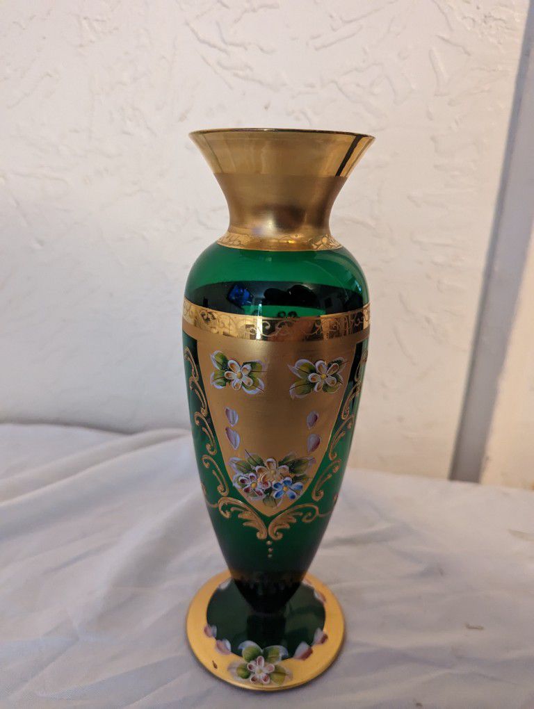 Beautiful Vintage Bohemian Czech Enameled Green & Gold Vase