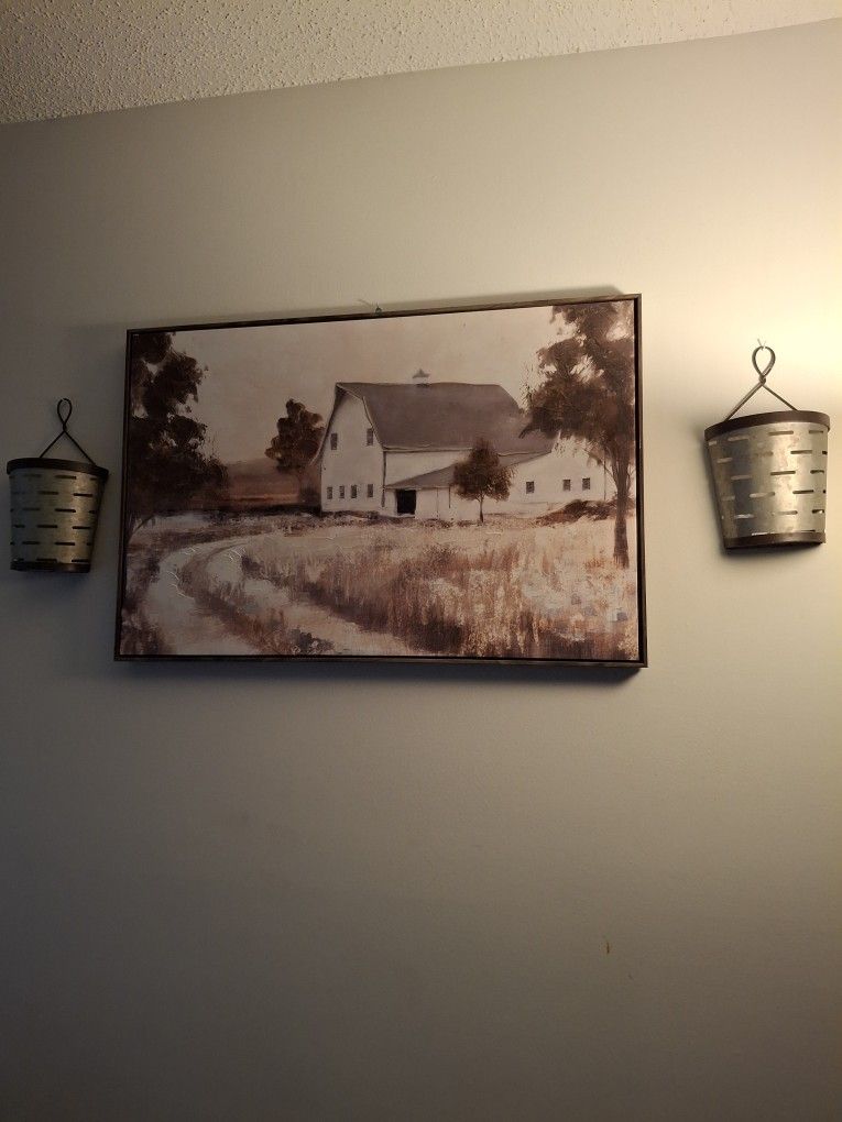 Beautiful Country Picture W/ Tin Pails
