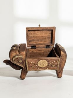 Hand-Carved Wooden Elephant Trinket Box With Brass Inlay