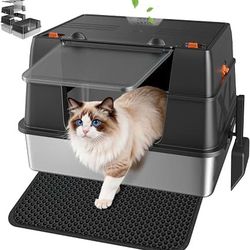 Stainless Steel Litter Box with Lid, High Sided Enclosed Metal Litter Box for Big Cats, Easy Cleaning Anti-Urine Leakage, Non-Sticky Cat Box, Front En