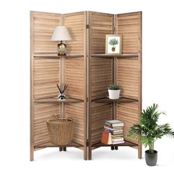 New in the box Hofitlead 4 Panel Room Divider with Shelves 5.8Ft Wooden Folding Screens Privacy Partition Wall for Bedroom Living Room Office, Brown(E