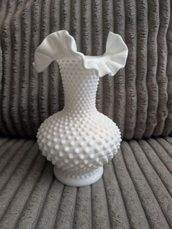 Vintage Large Fenton White Milk Glass Hobnail Ruffled Crimped Stamped Vase