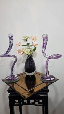 Sculptural Amethyst Art Glass Candlesticks – Murano Style – Pair – 17" Tall