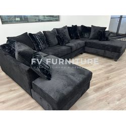 BRAND NEW! 3 MONTHLY PAYMENTS! BLACK FABRIC DOUBLE CHAISE SECTIONAL 