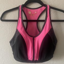 Xersion, Women’s Pink Black & Grey Zip Front Racer Back Sports Bra, Size M