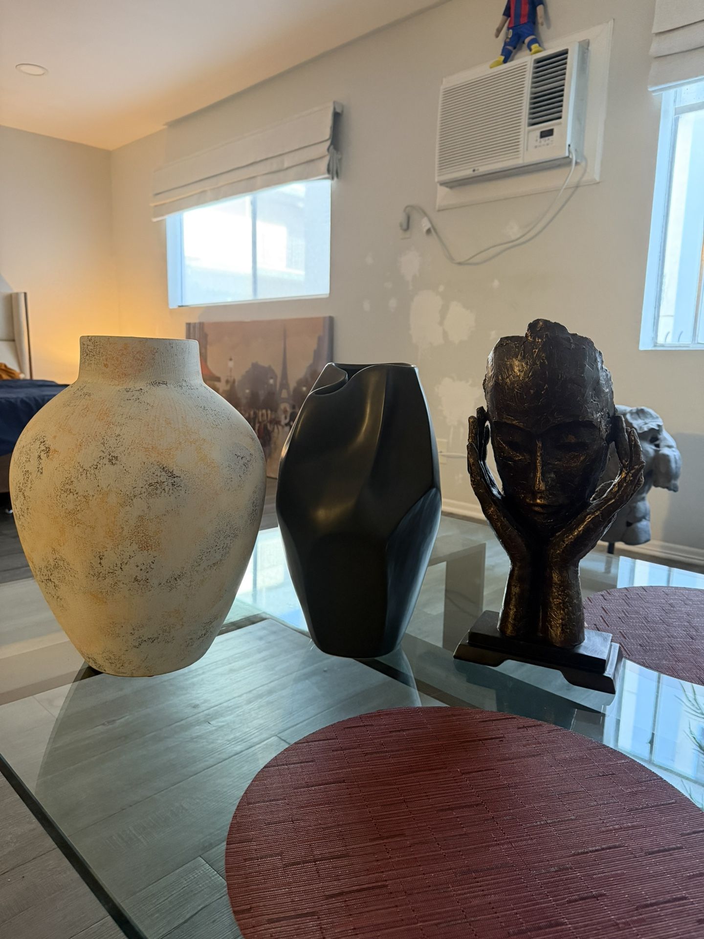 Modern Decorative Sculpture Set – Ceramic Vase, Abstract Black Figure, Tribal Mask, & Cube Art