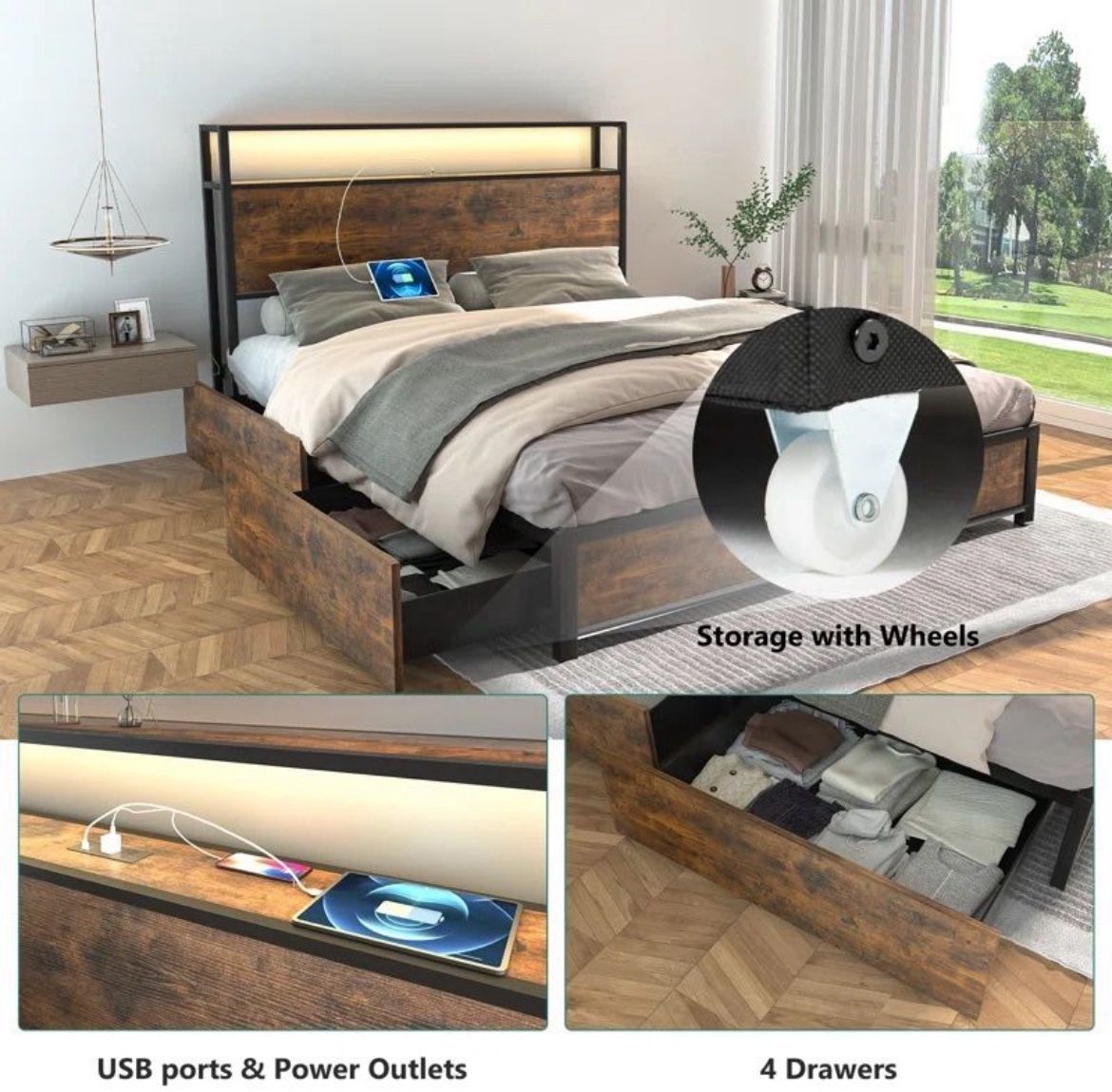 New Queen Bed Base with Charging Station and LED Lights, Metal Bed Frame with 4 Storage Drawers and Headboard, No Box Spring Needed, Easy Assembly, No