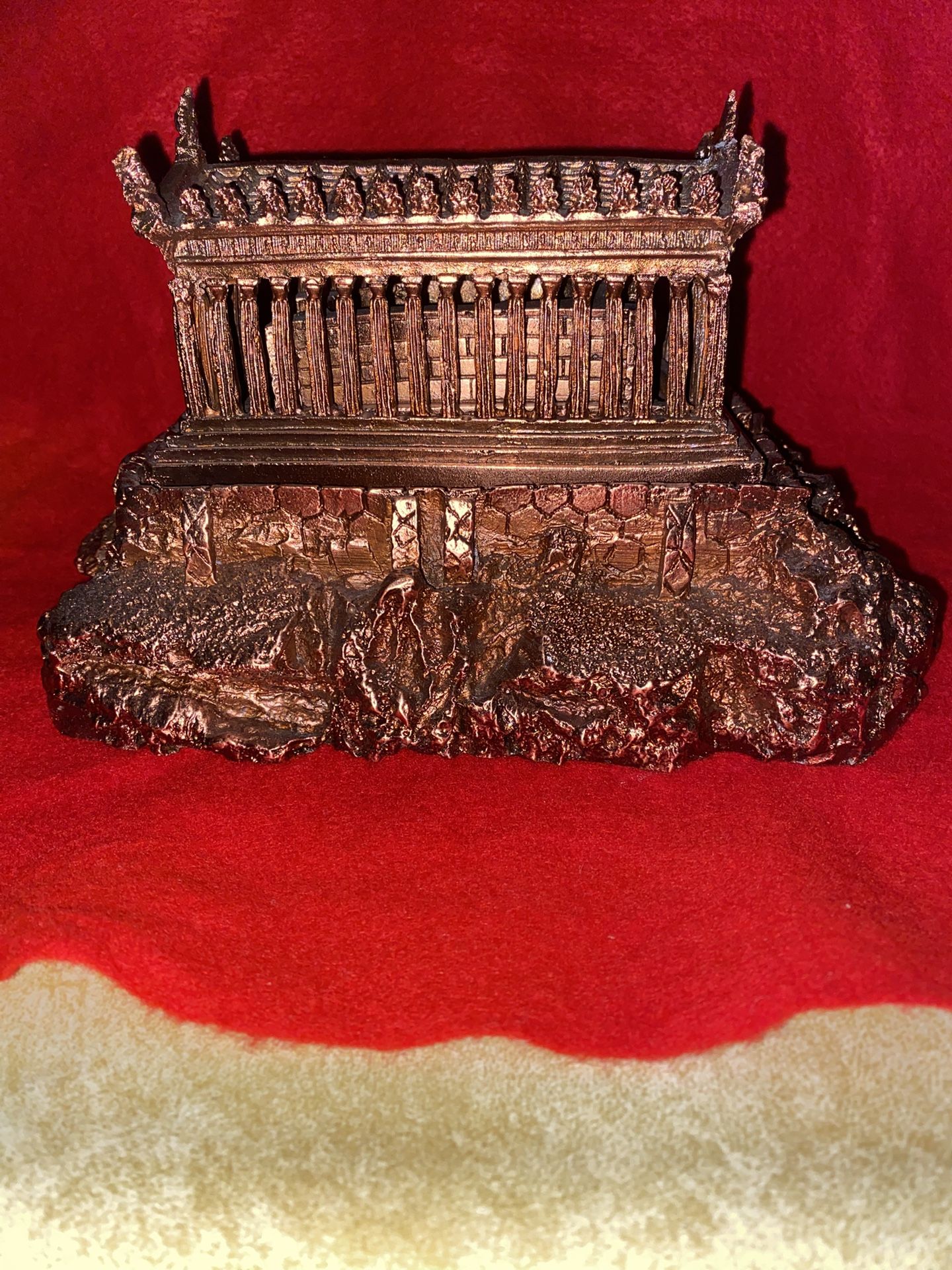 Vintage 6.5 In x 10 In x 5.5 In Greek Copper Plated Alabaster Temple Of Goddess Athena Parthenon Sculpture