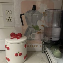 Cherry Jar / Canister And Local Artist “coffee time” Painting 