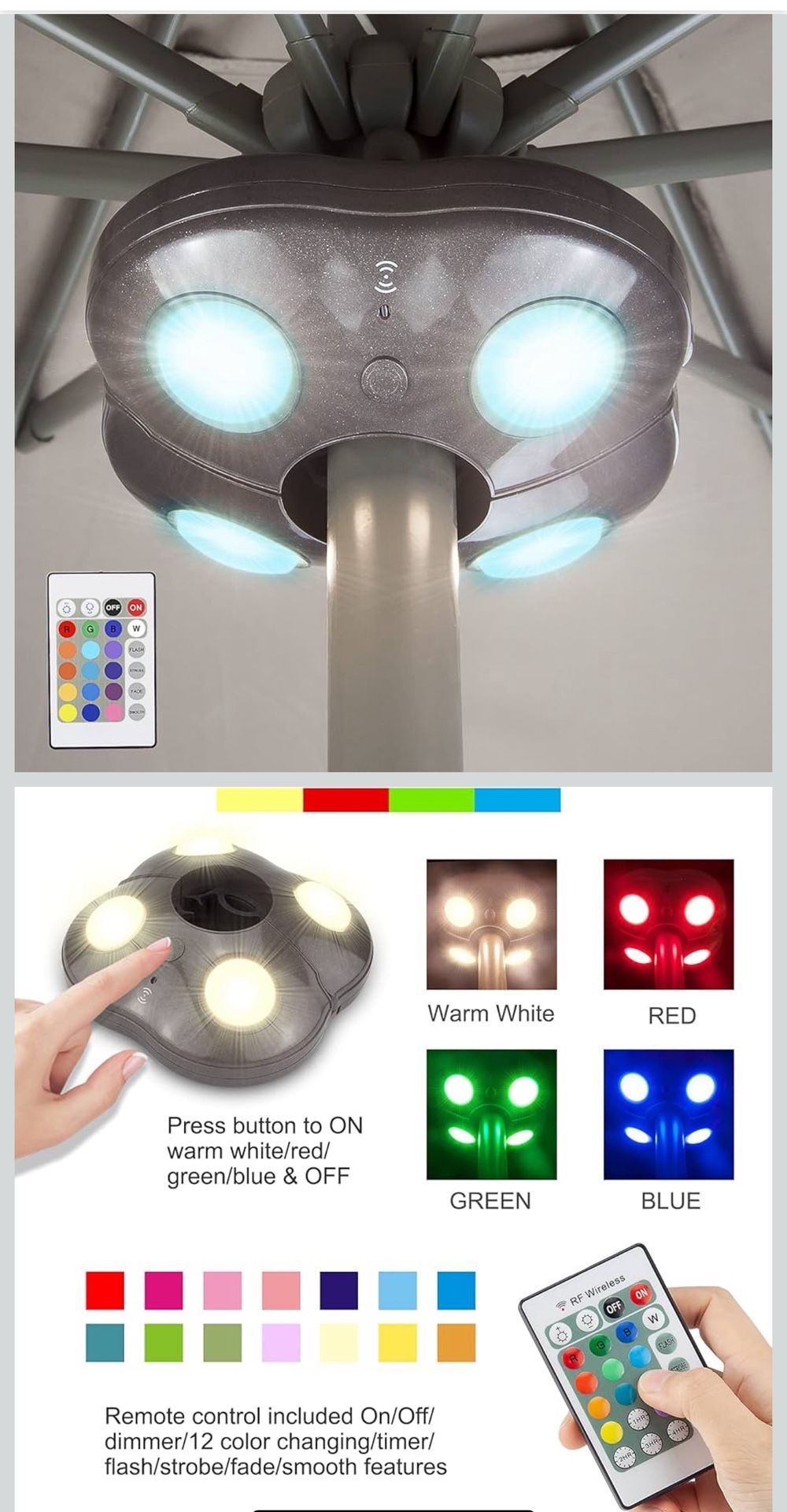 HONWELL Patio Umbrella Light Outdoor Wireless Battery Operated LED Table Umbrella Lights with Remote, 12 Color Changing Outside Umbrella Pole Light, C