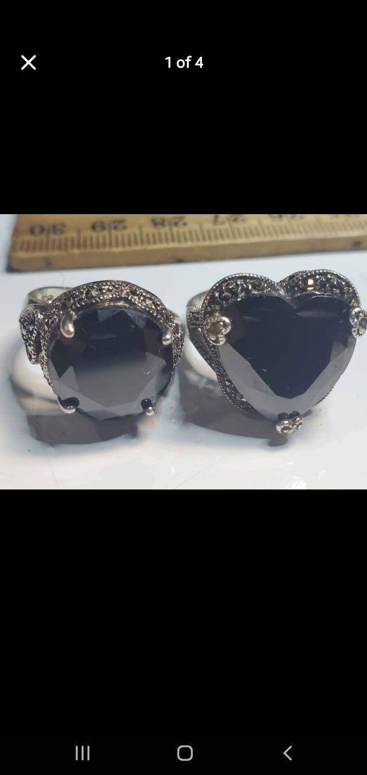 Art Collection / 2)Collectors Hematite Art Deco Rings Mascrarite Engraved 925 Sterling Silver