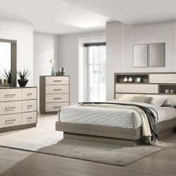 4 PIECE QUEEN CAL OR EASTERN KING SIZE BED BEDROOM SET DRESSER NIGHTSTAND MIRROR STORAGE PLATFORM STYLE