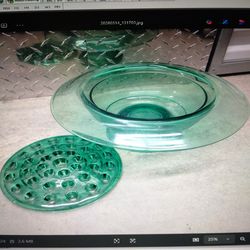 Vintage Green Glass Flower Frog Bowl Set – Floral Arrangement Vase / Centerpiece