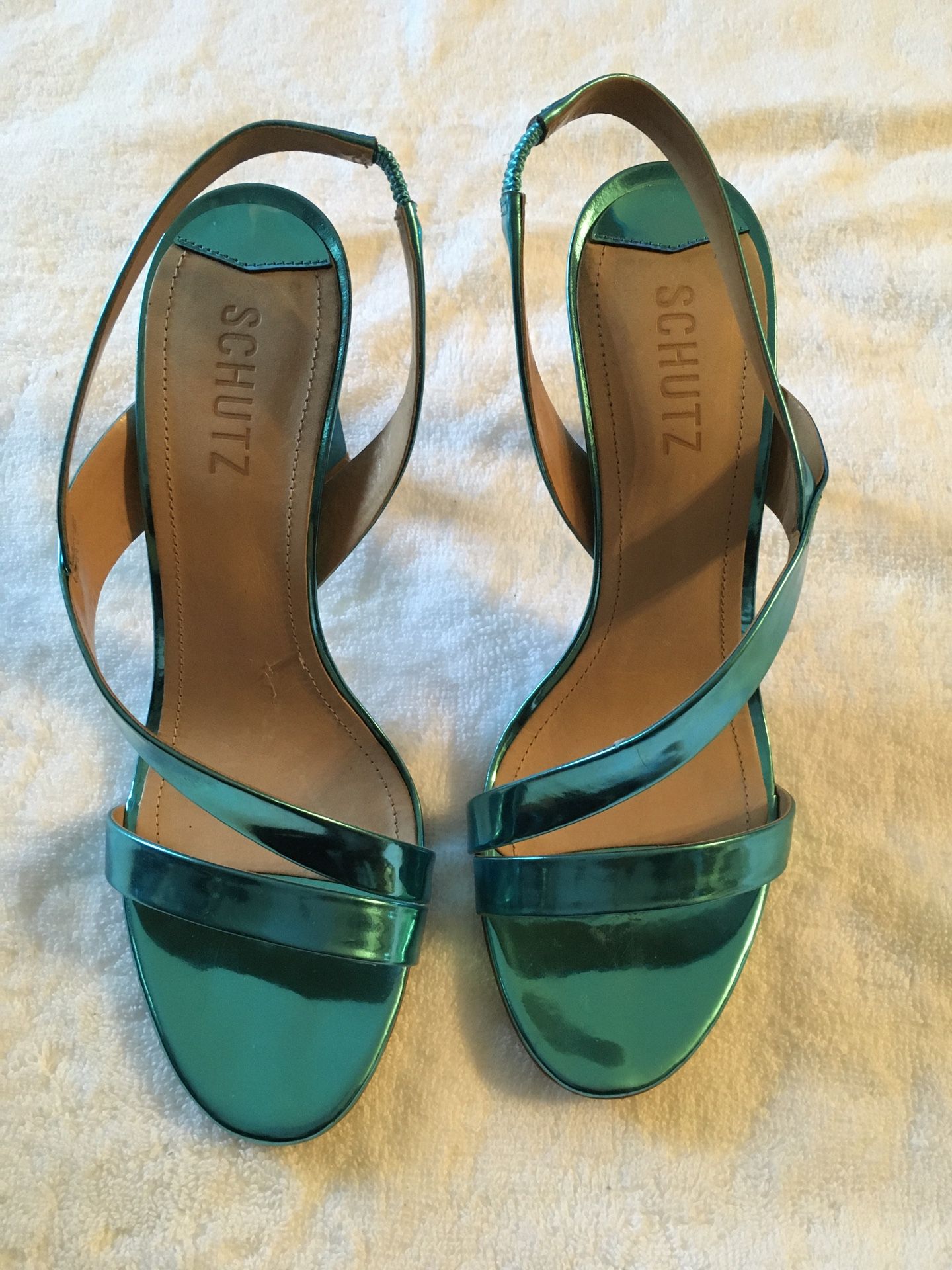 SCHUTZ Leather Metallic Turquoise Straps Stilettos High Heels Size 8.5