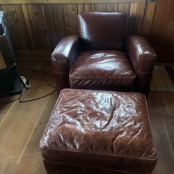 Beautiful Leather Restoration Hardware Club Chair With Ottoman