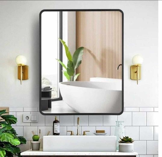 0829: BRAND NEW Movo 24 Inch x 30 Inch Black Metal Framed Bathroom Mirror Medicine Cabinet Rectangle Tilting Beveled Vanity Mirrors Recess or Surface