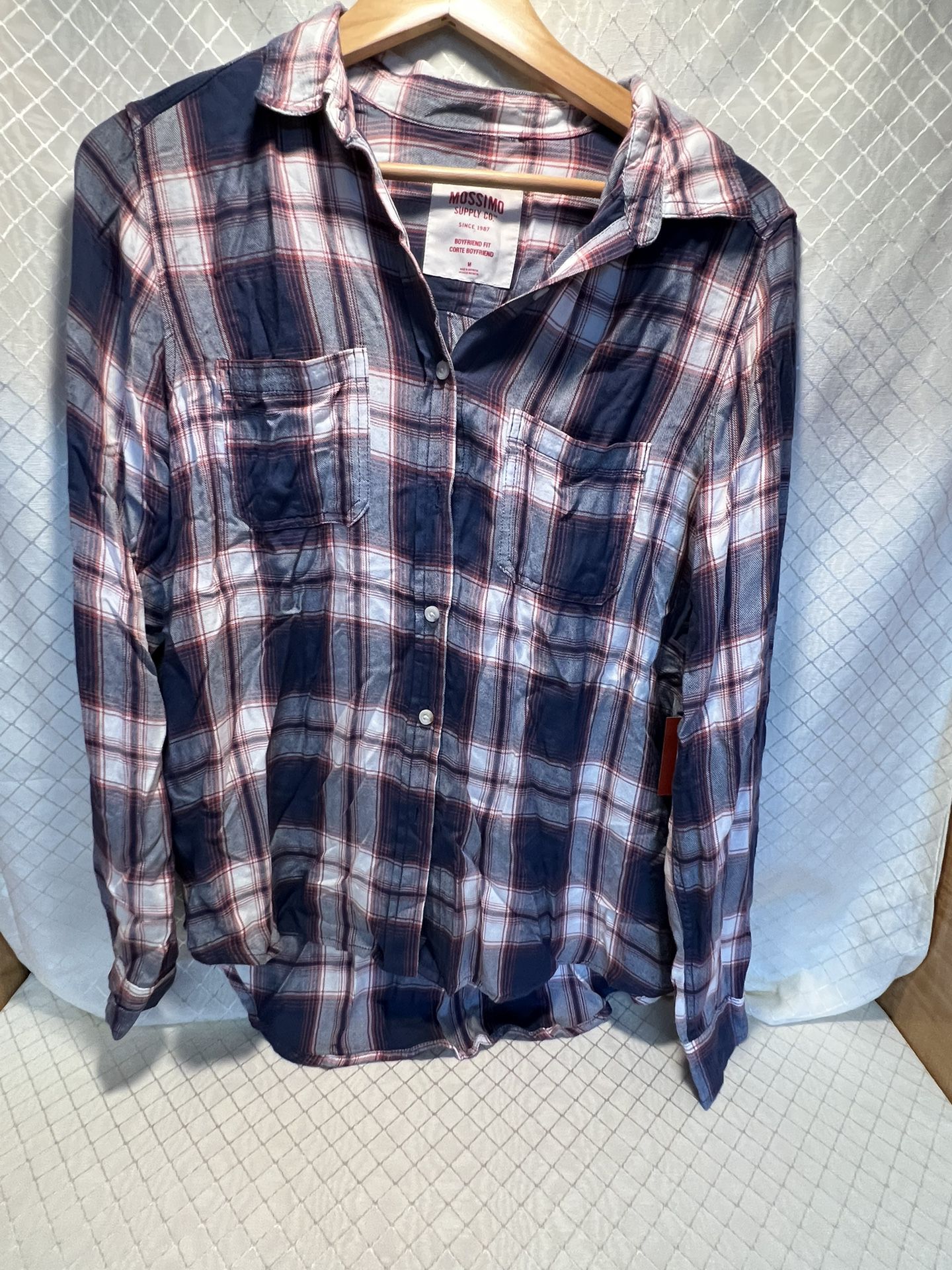 MOSSIMO Womens SIZE M Blue Plaid Shirt Boyfriend Fit Casual Collared Long Sleeve