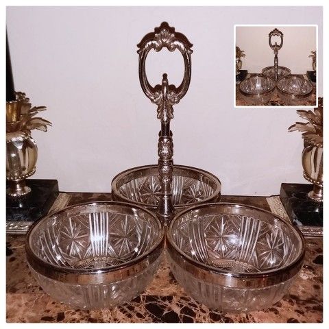 VINTAGE ORNATE VICTORIAN MID CENTURY SILVER CRYSTAL GLASS TRIPLE BOWL SERVING DISH CENTERPIECE TABLE DISPLAY DECOR