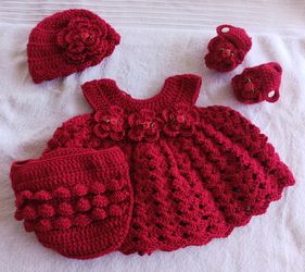 Crochet Baby Girl Red Rosebud Heirloom Dress Set Photo Prop Shipping Available