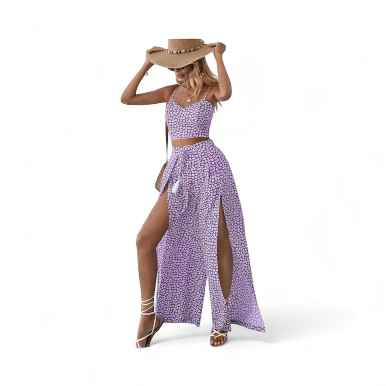 Women's Floral Two-Piece Outfit Summer Vacation Style or Bohemian Ditsy Floral Print Cami Top and Split Thigh Pants Set Pre-Owned Small Two-Piece Set: