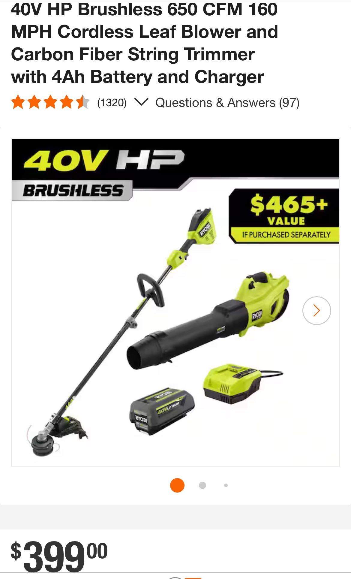 RYOBI 40V HP Brushless 650 CFM 160 MPH Cordless Leaf Blower and Carbon Fiber String Trimmer with 4Ah Battery and Charger