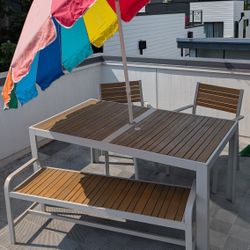 Outdoor Patio Furniture: Dining Table, Chairs, Bench, Umbrella