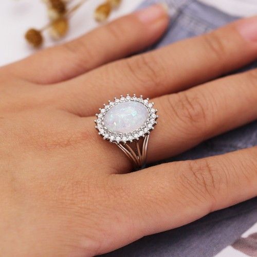 "Luxury Super Large Oval Sun Flower Gemstone Fire Opal Silver Ring, VIP312