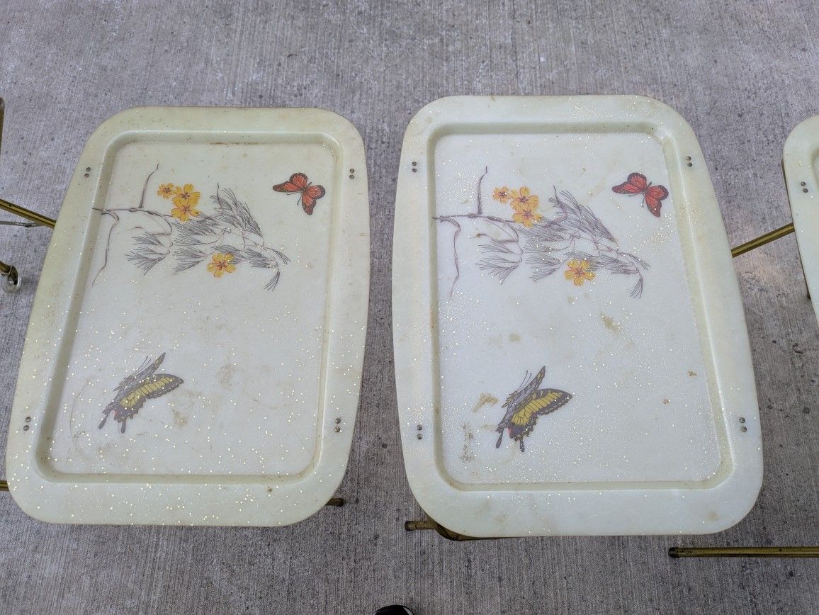 Vintage Set Of 4 Butterfly TV Trays + Rolling Rack Quaker Industries