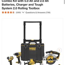 DEWALT 20V Lithium-Ion Cordless 6-Tool Combo Kit with 5.0 Ah and 2.0 Ah Batteries, Charger and Tough System 2.0 Rolling Toolbox