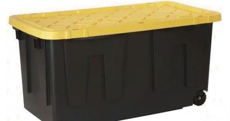 70 Gal. Tough Storage Tote with Wheels in Black with Yellow Lid