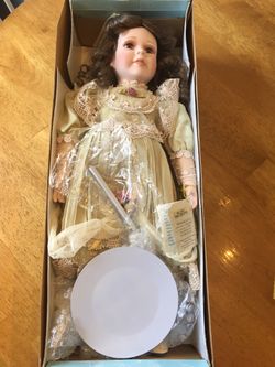 Vintage Milestone Christine Doll 20” Porcelain, cloth , purse,stand, Never removed from original box.