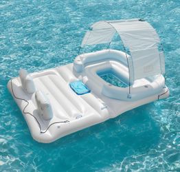 Comfy Floats Party Float 4 Person Inflatable Party Island Water Float Lounger with 6 Cup Holders, Backrests, and Detachable Sun Shade