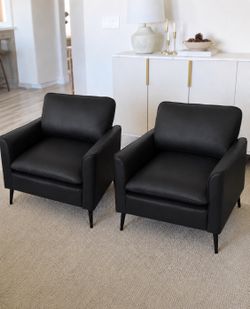 Set of 2 black faux leather accent chairs for living room space, office, bedroom