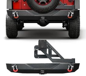 Rear Bumper with Tire Carrier Compatible with 2007-2018 Jeep Wrangler JK & Unlimited JKU, Off Road Rock Crawler Full Width Black Bumper w/2" Hitch Rec