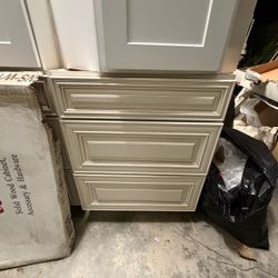 Solid Wood Kitchen Cabinet with 3 Drawers Cream