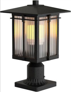 Outdoor Post Light Fixture, Soptted Black Aluminum Street Light
14.2 Inch, Ribbed Glass, Modern Outside Pole Lighting with 3-Inch Pier Mount Base, For