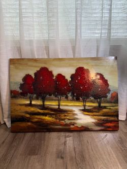 A landscape painting featuring bright red trees and a stream, by Gregory Williams.