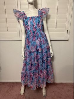 Large purple sheer floral long ruffle sun dress boho cottage smocked long spring
