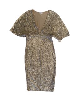 Venus Silver Sequin Plunging V-Neck Dress Dolman Sleeve Metallic Cocktail Small