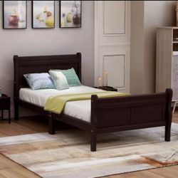 NEW Espresso Twin Wood Platform Bed with Headboard and Footboard