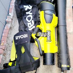 Ryobi 40V HP Brushless Blower Vac. This cordless tool is 600 CFM. It has a collection bag, a blower tube, and a shoulder strap. ONLY FOR PARTS NOTWORK