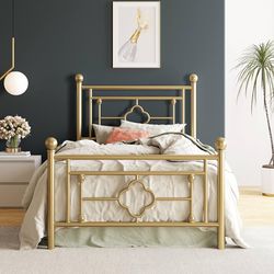 Twin Size Metal Platform Bed Frame with Vintage Victorian Style, Wrought Iron Headboard and Footboard/Mattress Foundation for Storage/No Box Spring Re