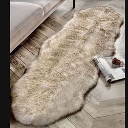 White And Brown Faux Fur 6’ By 2’ Runner New