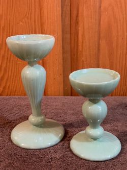 Vintage Blown Glass Candleholders - Seafoam Green Graduated Set