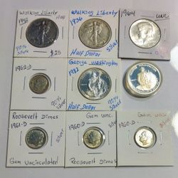 LOT OF (9) NICE COLLECTIBLE HALF DOLLAR AND TEN CENT SILVER COINS